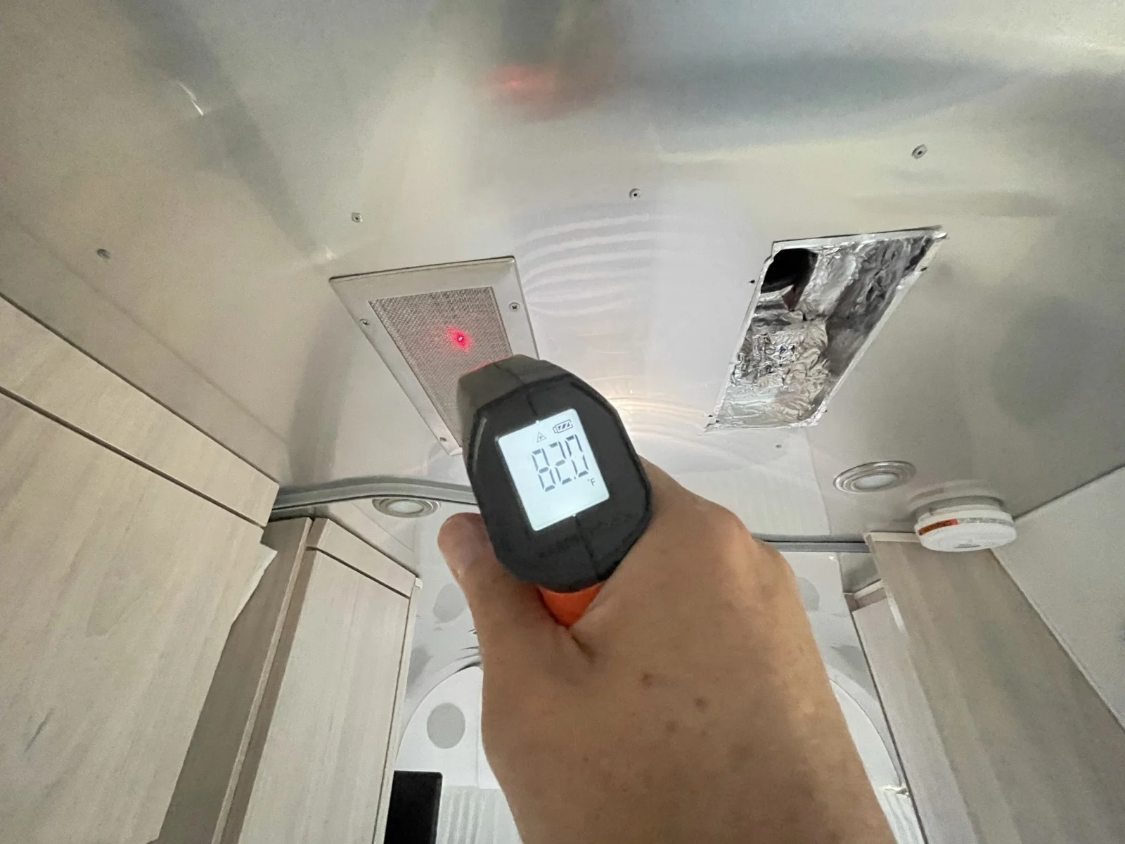 Testing after the modifications of our Airstream ducted air conditioning system - intake air temperature of 82 I was impressed with the cooling performance of the AC system after the modifications. Here the intake air temp is 82 ℉ with a outdoor temp of 82. ℉.