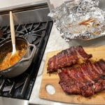 BBQ bean recipe at Yawesome shown with barbequed baby back ribs.