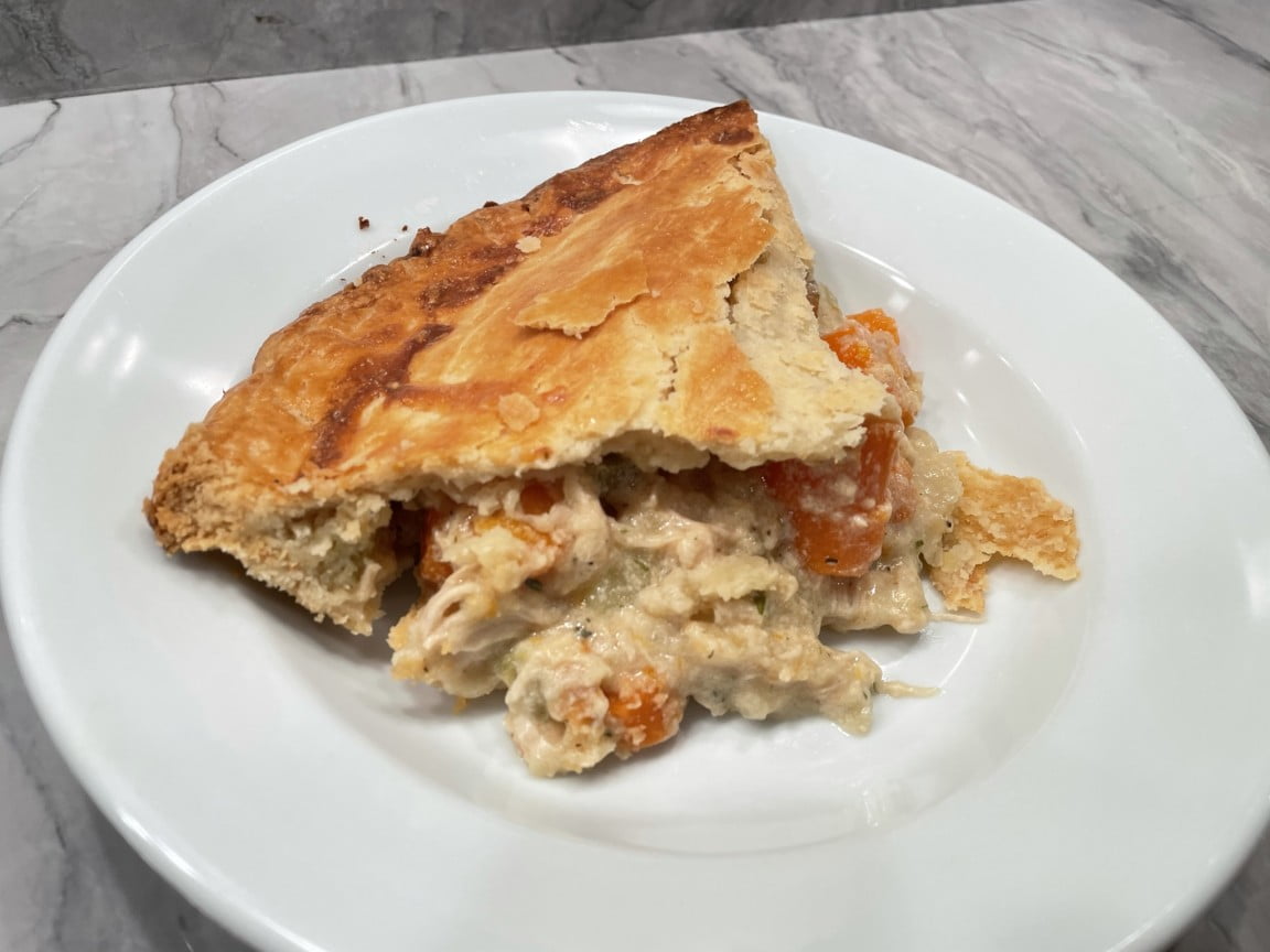 Chicken pot pie recipe - classic style with whole milk shredded chicken breast, carrots, celery, white onion and fresh thyme and parsley - yawesome.