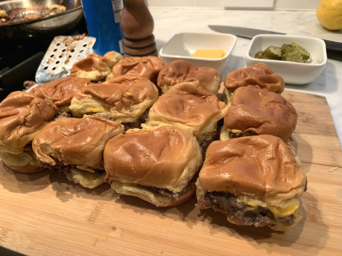Homemade White Castle style burgers.