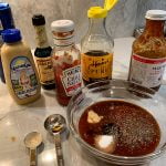 Barbecue sauce, Hentz chili sauce, maple syrup, dijon mustard and Worcestershire sauce combined for sloppy joes sauce mix.